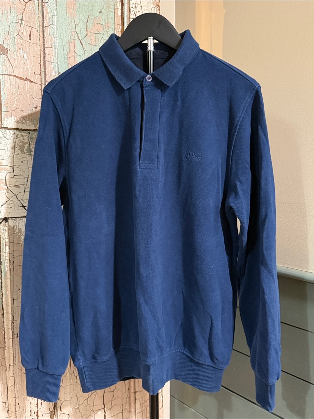 HUGO BOSS Mens Medium Navy Velour Ribbed Long Sleeve Polo Pullover
